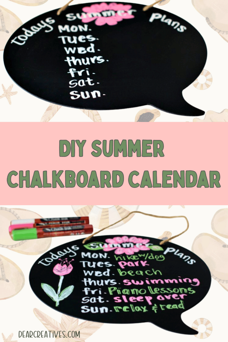 In process DIY summer chalkboard calendar with text todays summer plans and a pretty pink flower, and then another image under with the finished chalkboard calendar with activities. DIY summer chalkboard calendar in sage green text on pretty subtle pink