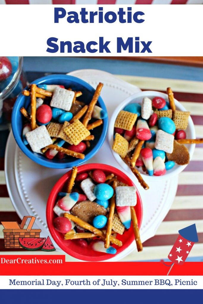 Patriotic Snack Mix - Easy to mix up, budget-friendly, snack treat perfect for the holidays, backyard BBQ or summer fun! DearCreatives.com