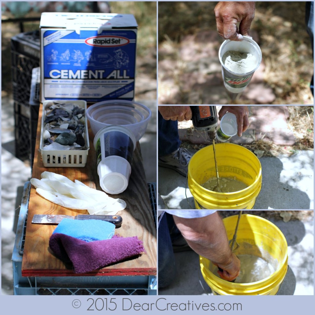 supplies, buckets, and materials needed to make this cement craft