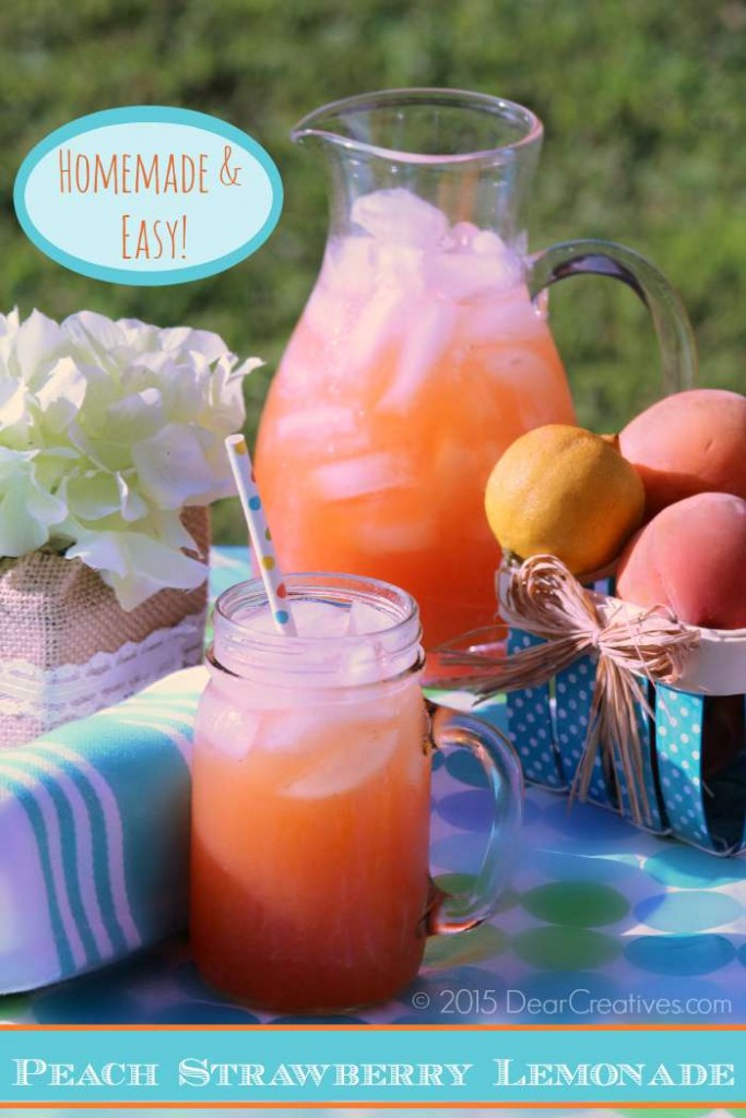 Peach Strawberry Lemonade outside on a picnic table. Drink recipe for lemonade with peaches and strawberries at DearCreatives.com
