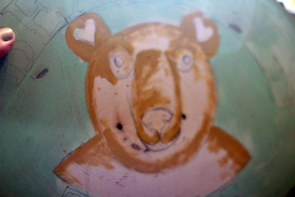 Block in Gold for light areas of bears fur. How to paint a bear face with acrylic paints. DearCreatiaves.com