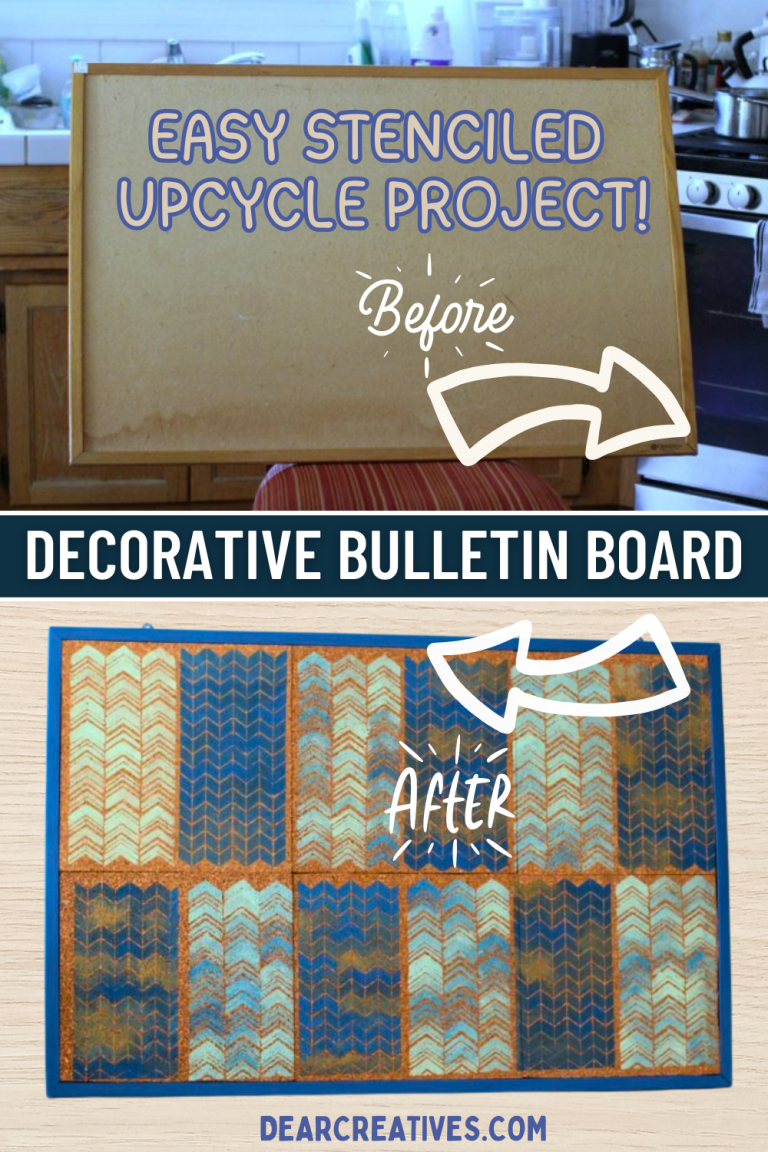 Decorative Bulletin Board before and after of an easy upcycled stenciled bulletin board with a pretty boho geometric design in pretty blues and gold.