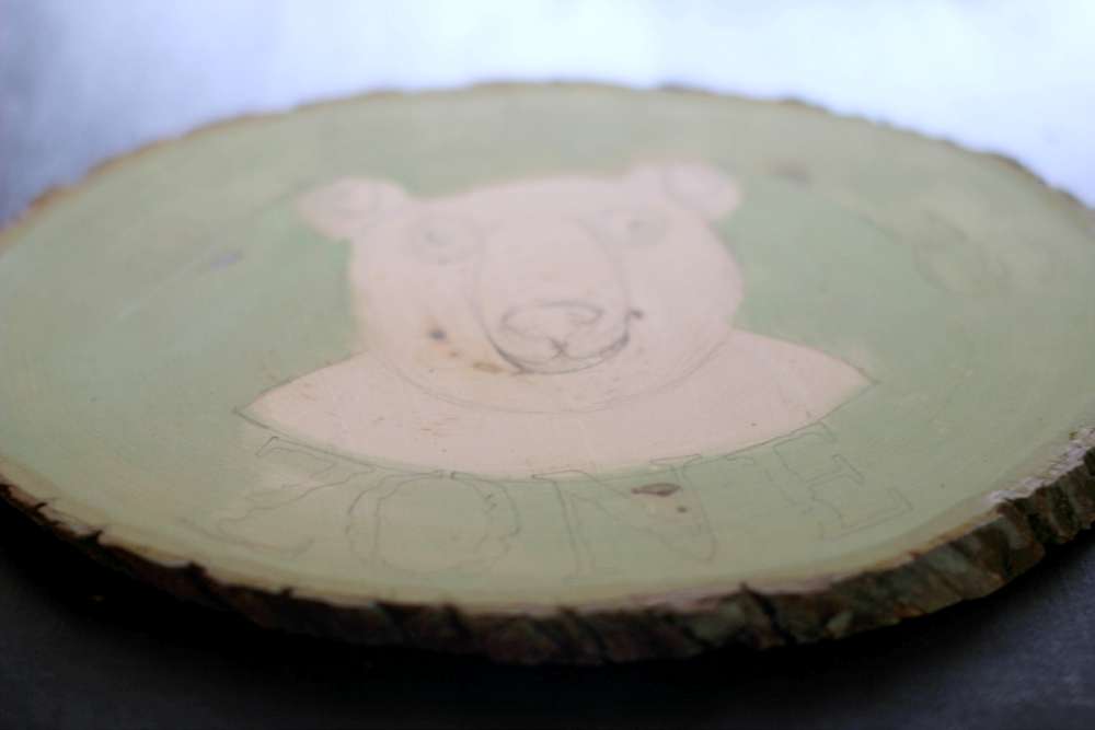 Pencil Draft Bear under Stenciled Lettering- how to create a bear plaque. Easy art and craft project for a wood round. DearCreatives.com