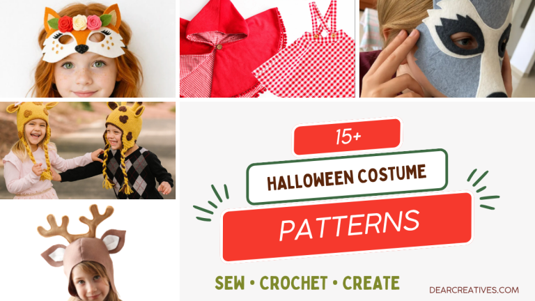 Collection of handmade Halloween costume patterns for sewing and crocheting creative character costumes.