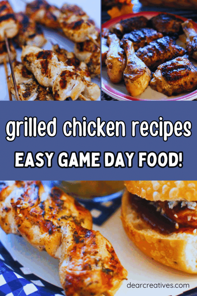 A platter of various grilled chicken recipes, including skewers, sliders on a paper plate, and chicken thighs, with a side dish visible in the background. recipe at DearCreatives.com
