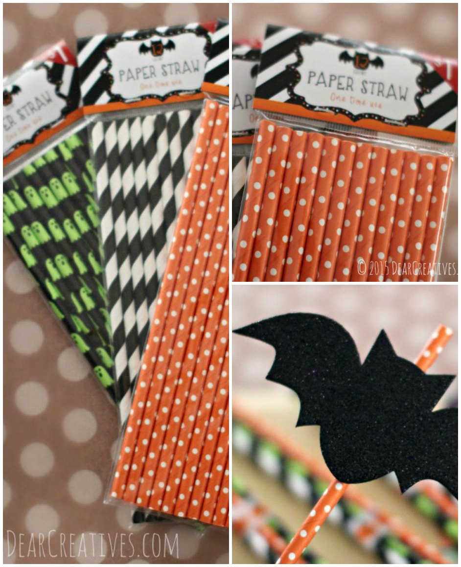 DIY Craft Projects Halloween Favors Paper Straws and glittered bat