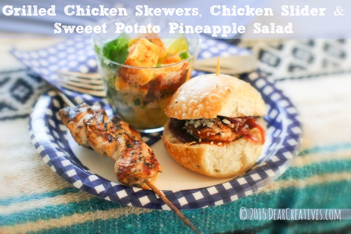 Grilled Chicken - grilled chicken sliders, chicken skewers and sweet potato pineapple salad - Tailgating dinner on a paper plate. Recipes for grilled chicken at DearCreatives.com