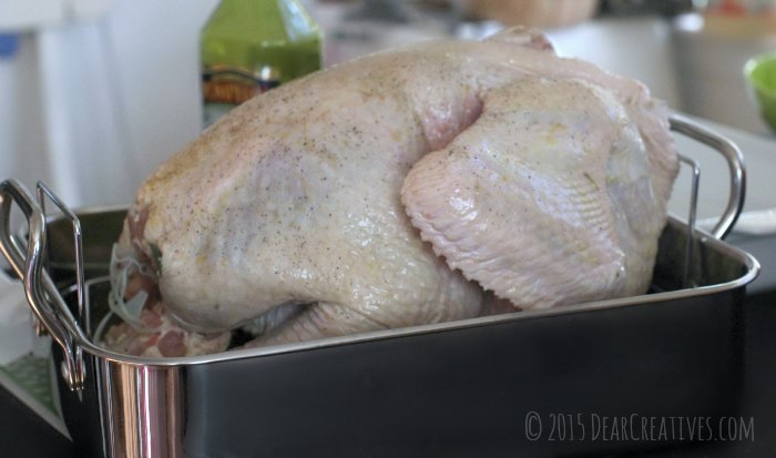Turkey in a roasting pan ready to be put in oven