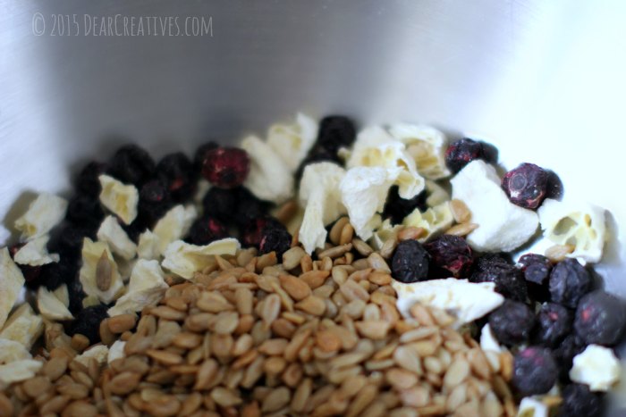 dried fruit seeds and nuts in a bowl for granola bars