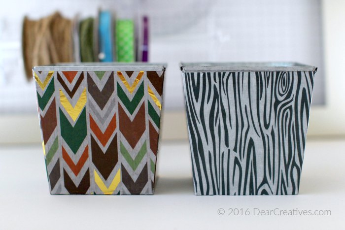 Craft Storage containers close up covered with Decou-Page Papers from DecoArt 