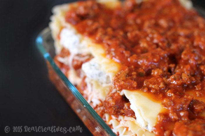 lasagna uncooked ready to go in oven side view close up 