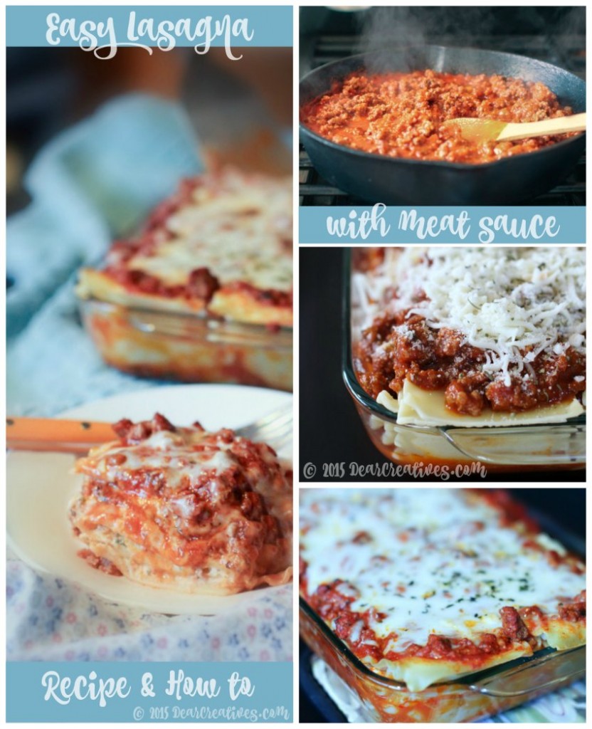 Easy Lasagna Recipe: This is a homemade lasagna with meat sauce. Images include some of the steps and the finished homemade lasagna