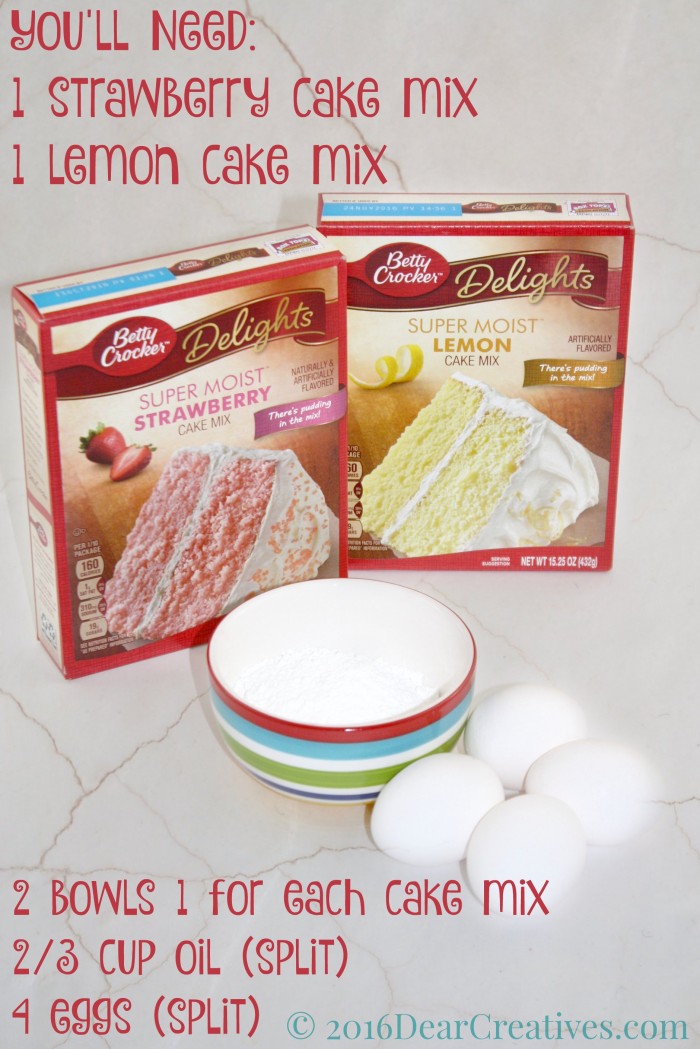 Strawberry Lemonade Crinkle Cookies - Cakebox Cookie Recipe -Image of cookie baking supplies baking mix eggs and a bowl