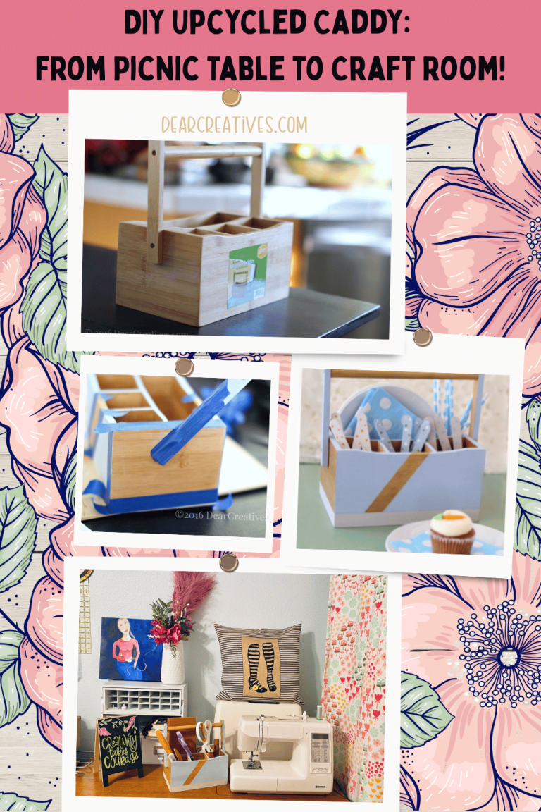 images of the unfinished wood utensil holder, one image with it taped off ready to be painted in a block print style, an image of it finished and styled to hold utensils for spring or Easter, picnic, and an image of it later holding sewing supplies and being used for a sewing caddy.