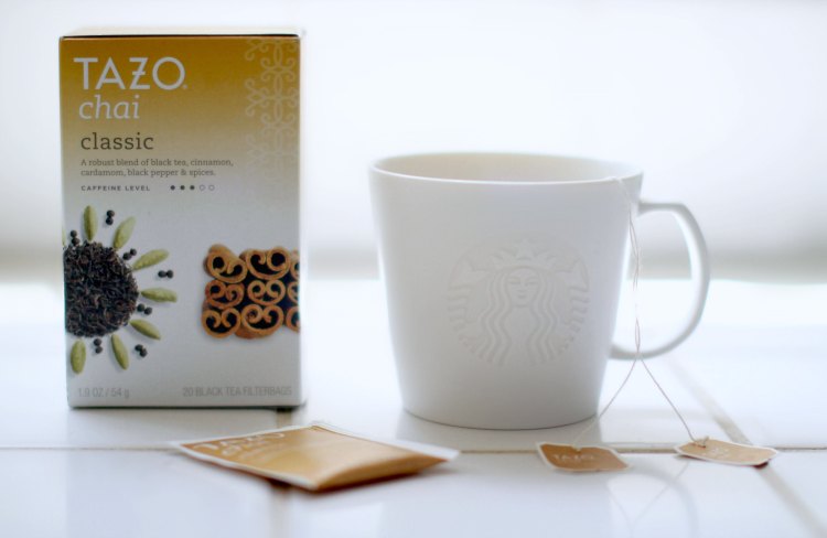 Drinks | Box of Tazo Chai Tea and Starbucks coffee cup 