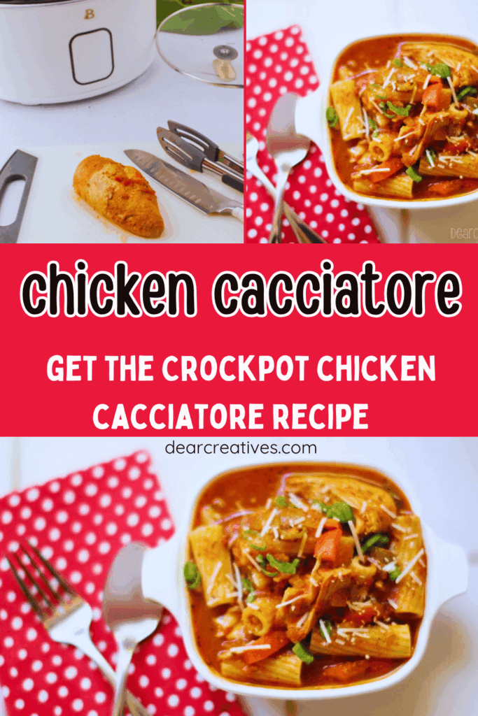 A close-up of a bowl of chicken cacciatore with tender chicken and bell peppers over rigatoni noodles.