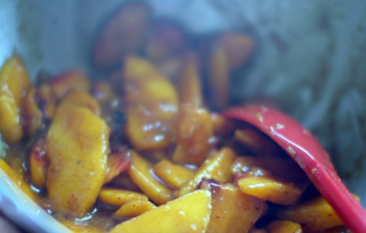 Peach Pie peaches being mixed for peach pie