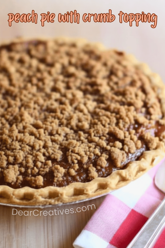Peach pie with crumb topping close up showing juicy peaches and buttery crumble