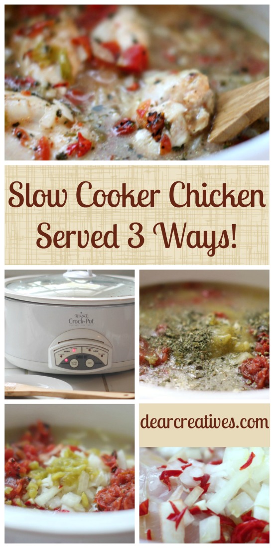 Slow Cooker Chicken | easy crockpot recipes- this slow-cooker-chicken-served-3-ways then the broth is used for making soup! This is a quick recipe to make no pre cooking. Just toss into the slow cooker and enjoy. Get other meals from shredding the chicken for tacos, enchiladas and even serve whole breasts with rice and shredded cheese.
