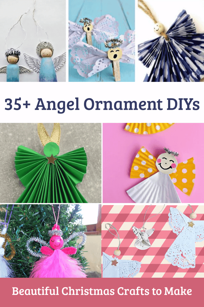 Collage of handmade Christmas angel ornaments made with paper, ribbon, clothespins, beads, fabric, pinecones, and other craft supplies.