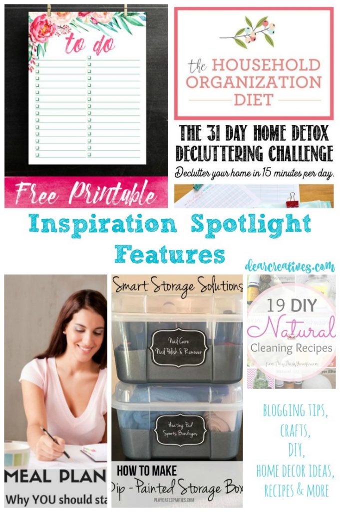 Linkup Party Inspiration Spotlight home decor ideas for organizing, meal planning and natural cleaning recipes, along with free printables and more ideas for you.