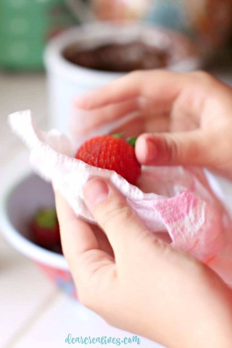 drying strawberries for dipping them in chocolate