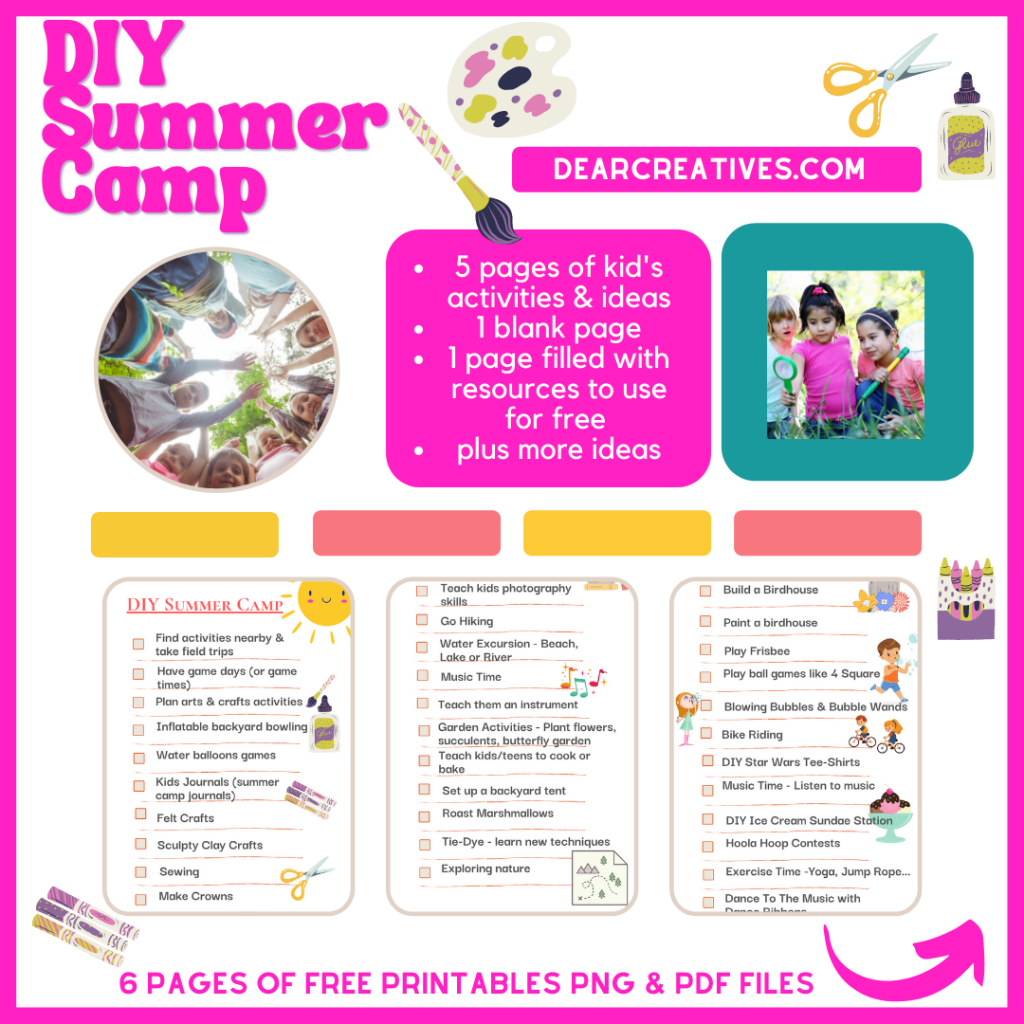 DIY Summer Camp - Kid's activities and ideas to keep kids busy and having fun. Use this in summer, for rainy day activities, or anytime you have a bunch of kids over. Find out more at DearCreatives.com