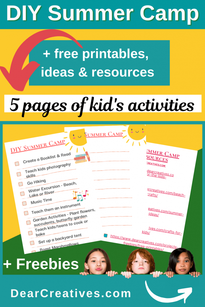 Keep your kids busy, active and having fun all summer long with these kids' activities, kid's crafts, and ideas. Printables and resources at DearCreatives.com #DIYSummerCamp #KidsActivities