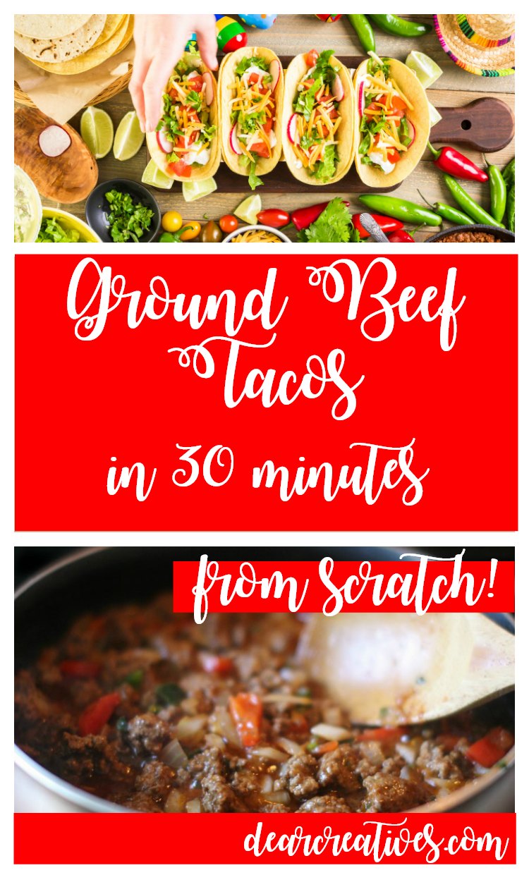 The Best Homemade Ground Beef Tacos restaurant style in 30 minutes! Just perfect for tacos, burritos or taco salads. You'll love this ground beef taco meat recipe. Find it and more at DearCreatives.com