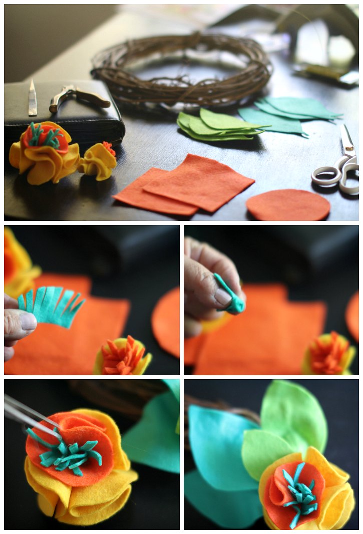 How to decorate a grapevine wreath with felt. Full Tutorial at DearCreatives.com