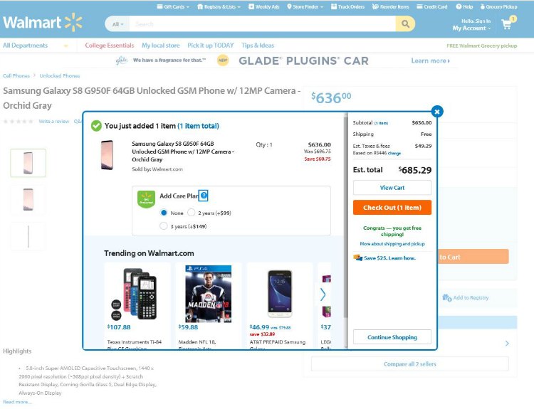 Samsung Galaxy S8 Cell phone added to cart amd with free shipping from Walmart
