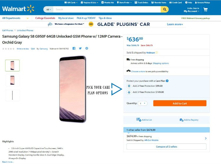 Samsung Galaxy S8 Orchid with warrenty care plan options