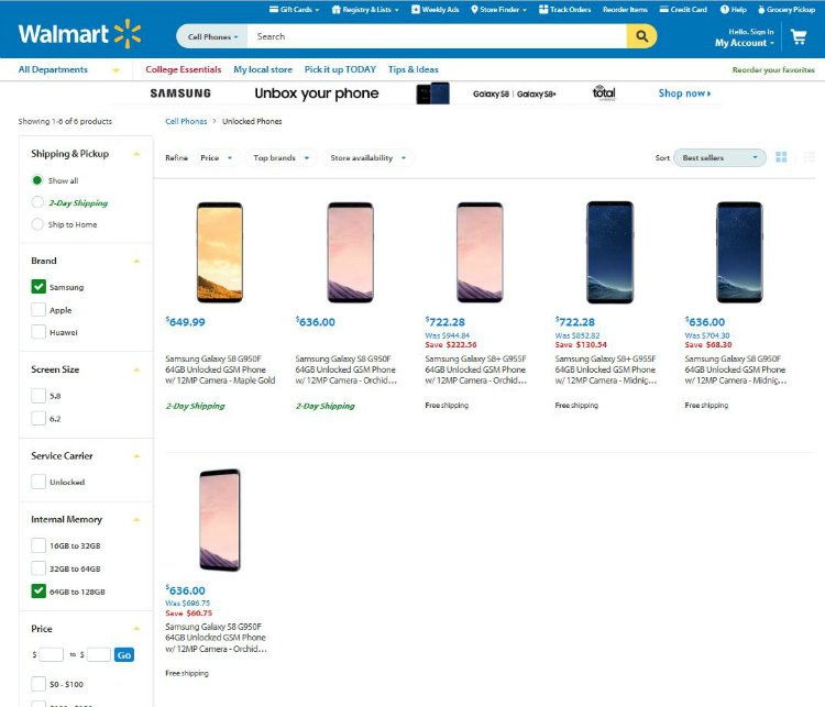 Samsung Galaxy S8 and Samsung Galaxy S8 plus online at Walmart