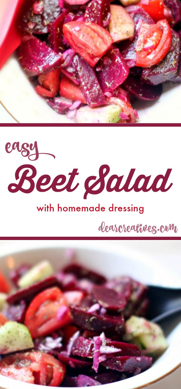 You'll love this easy beet salad recipe. It also has a balsamic vinagrette recipe. Or opt to use your favorite bottled. Makes a great side dish. Grab the recipe at DearCreatives.com