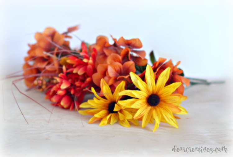 fall colored satin flowers for decorating for fall. See how easy it is to decorate your home- DearCreatives.com