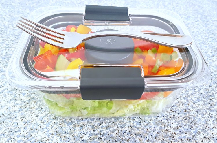 food storage container for salad with fork ready for on-the-go lunches. DearCreatives.com