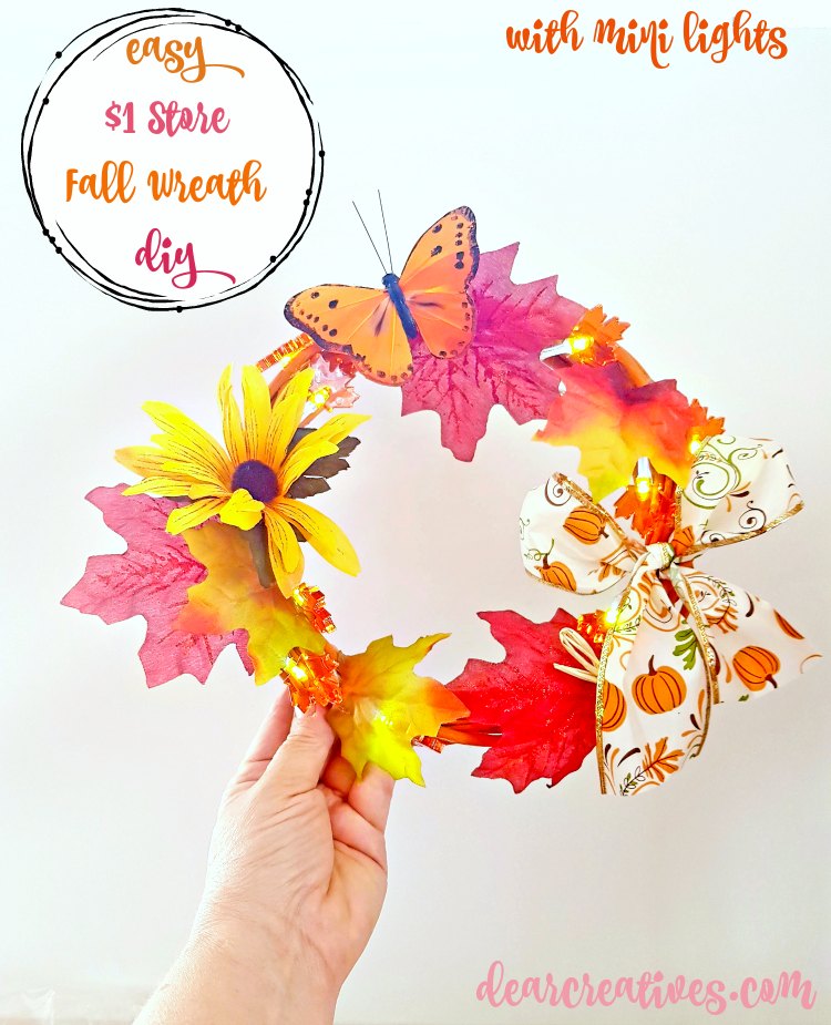 grapevine wreath ideas Dollar Store Fall Wreath With Mini Lights DIY find this craft project and more at DearCreatives.com Must make for fall home decor. So easy! Make one now! 