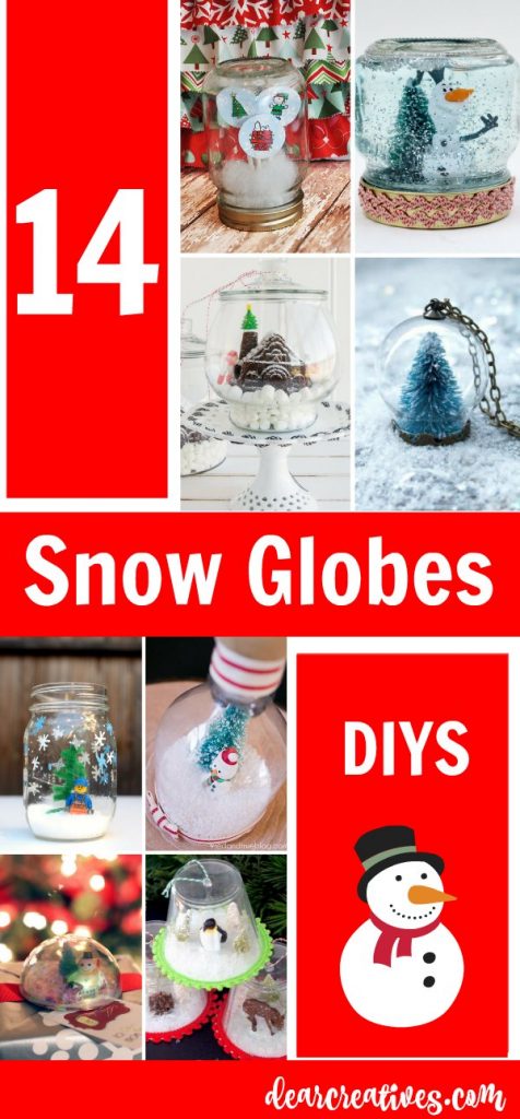 images of easy snow glob crafts and text saying 14 snow globes  and a snowman graphic with near the word DIY