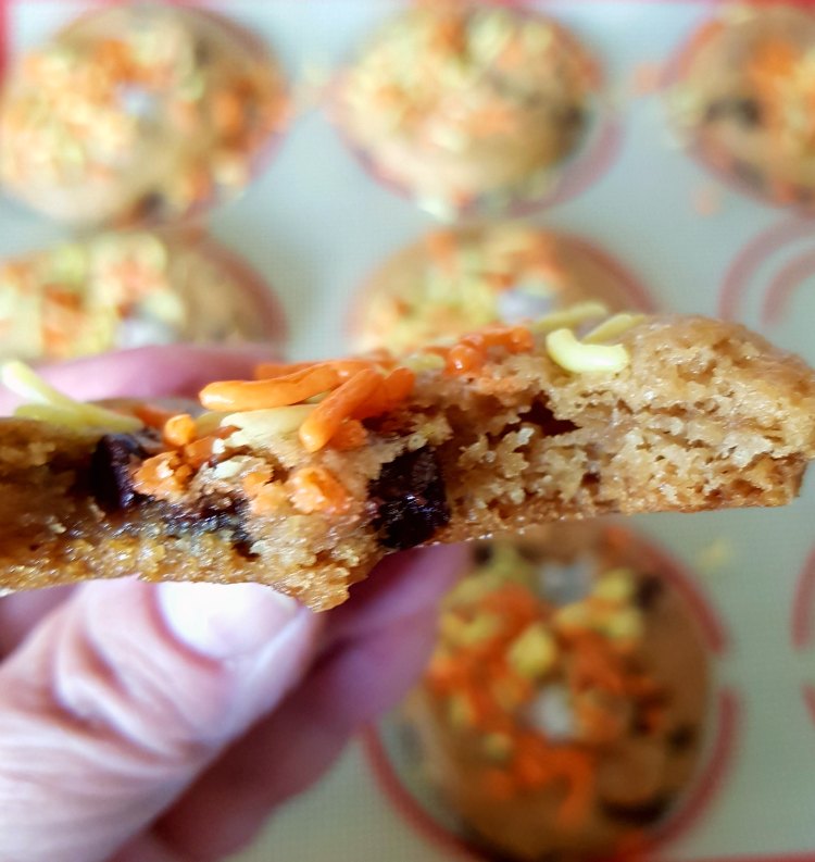 Inside of Chocolate Chip Cookies that are decorated for Halloween, organic and gluten free.