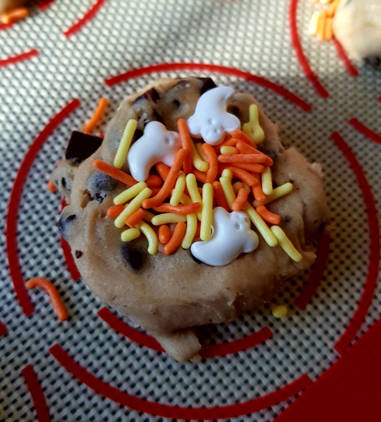 chocolate chip cookie dough with Halloween sprinkles. An easy Halloween treat recipe.