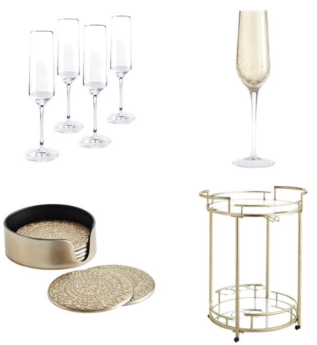 Cocktail cart, champagne flutes, coasters, items you need for serving drinks at a party or holiday gathering