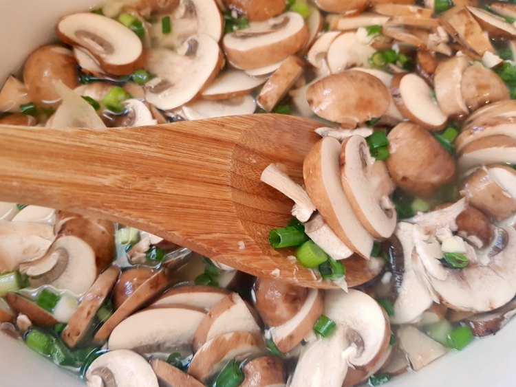 mushrooms, chicken broth green onions being stirred in a crock pot for mushroom soup © 2017 DearCreatives.com