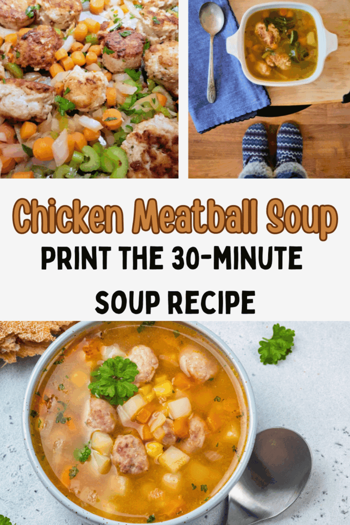 A close-up of a hearty chicken meatball soup with chopped carrots, celery, and meatballs.