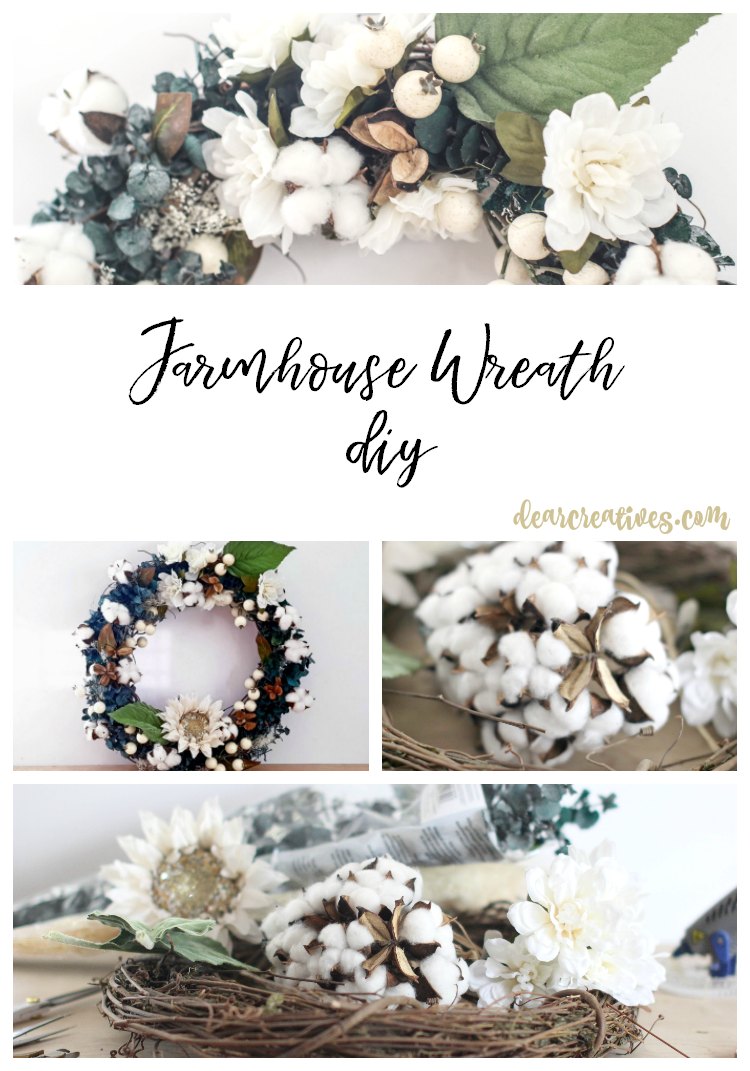 Grapevine wreath ideas you'll love including this farmhouse wreath DIY. You'll have one made in about an hour. See how to at DearCreatives.com #wreathdiy #grapevinewreathideas #farmhousewreath #wreaths