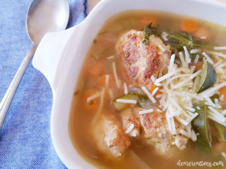 chicken meatballs, zucchini, carrots, spinach, soup in a bowl #chickenmeatballsoup © DearCreatives.com