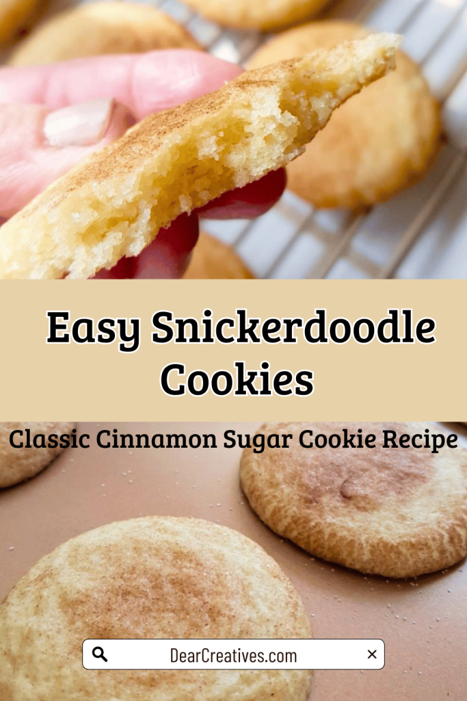 Close-up of a homemade snickerdoodle cookie showing the soft center and cinnamon sugar coating, with freshly baked snickerdoodle cookies cooling on a baking sheet in the background.