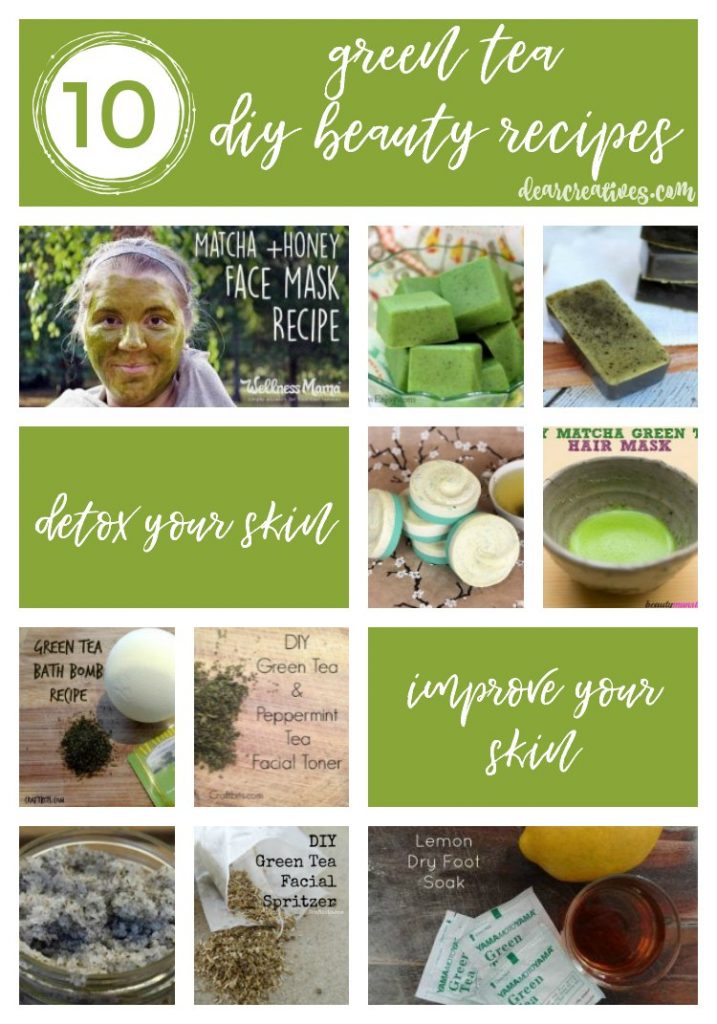 Green Tea DIY Beauty Recipes for homemade beauty products such as masks, toner, bath bombs, scrubs and more. See them all DearCreatives.com #greentea #diybeautyrecipes