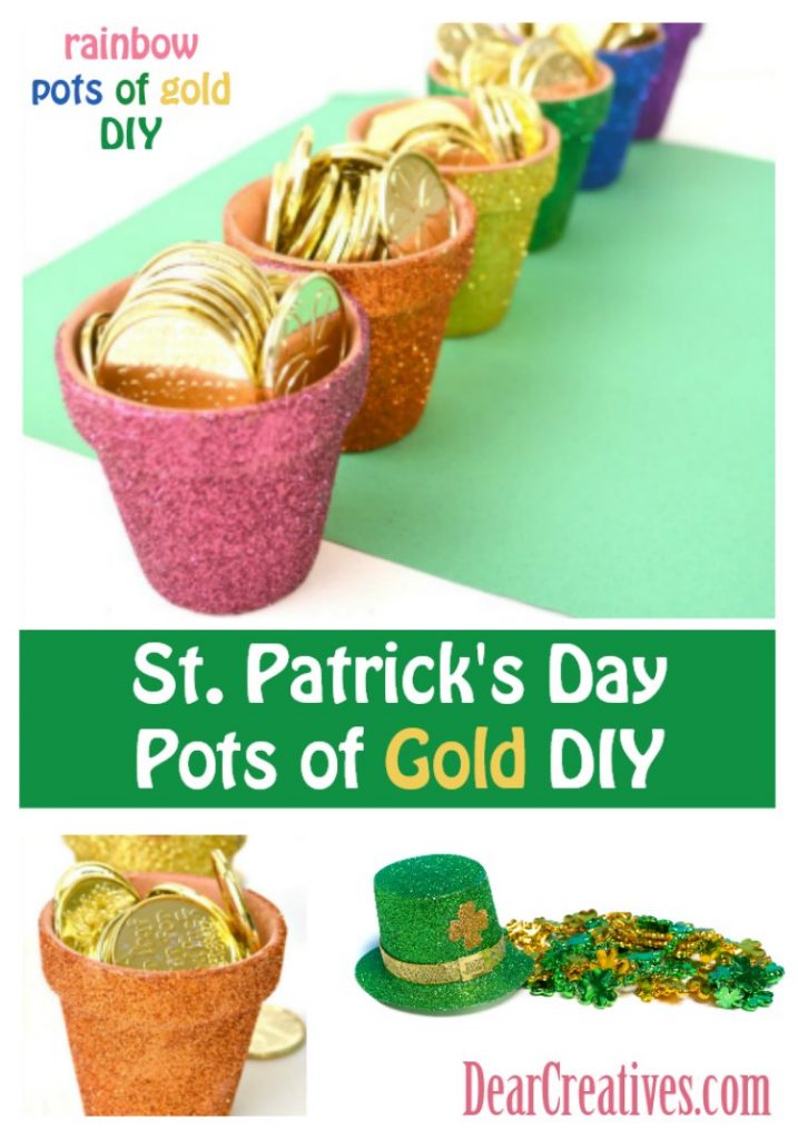 St. Patrick's Day Craft - Rainbow Mini Pots of Gold Add to a table centerpiece. See how at DearCreatives.com #stpatricksday #crafts #rainbow #potsofgold #stpatricksdaydiy