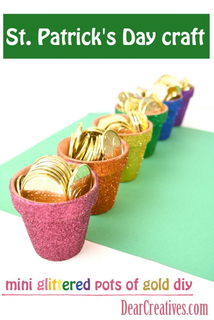 St. Patrick's Day Crafts Glittered Rainbow Pots #stpatricksday #crafts #glittercrafts DearCreatives.com