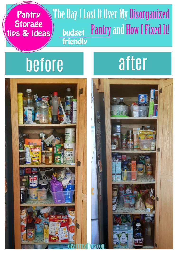 The day I lost it over my disorganized pantry, and how I fixed it! Budget friendly tips, and ideas for pantry storage and organization. #diy #pantry #homeorganization DearCreatives.com #springcleaning 